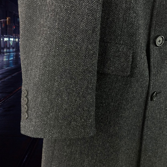 Herringbone Tweed Virgin Wool Trench Coat Black and Gray 44R - Picture 6 of 16